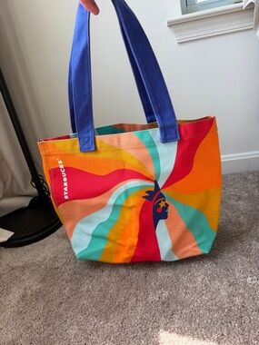 Starbucks pride Colorful Spiral Canvas Tote reusable with Blue Handles